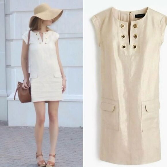 J Crew Beige Gold Metallic Linen Shift Dress Size 0 Grommet V-neck Cap Sleeve - Picture 2 of 12
